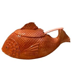 Vintage Mid-Century‎ Handmade Salmon Color Fish Bowl with Lid and Spoon